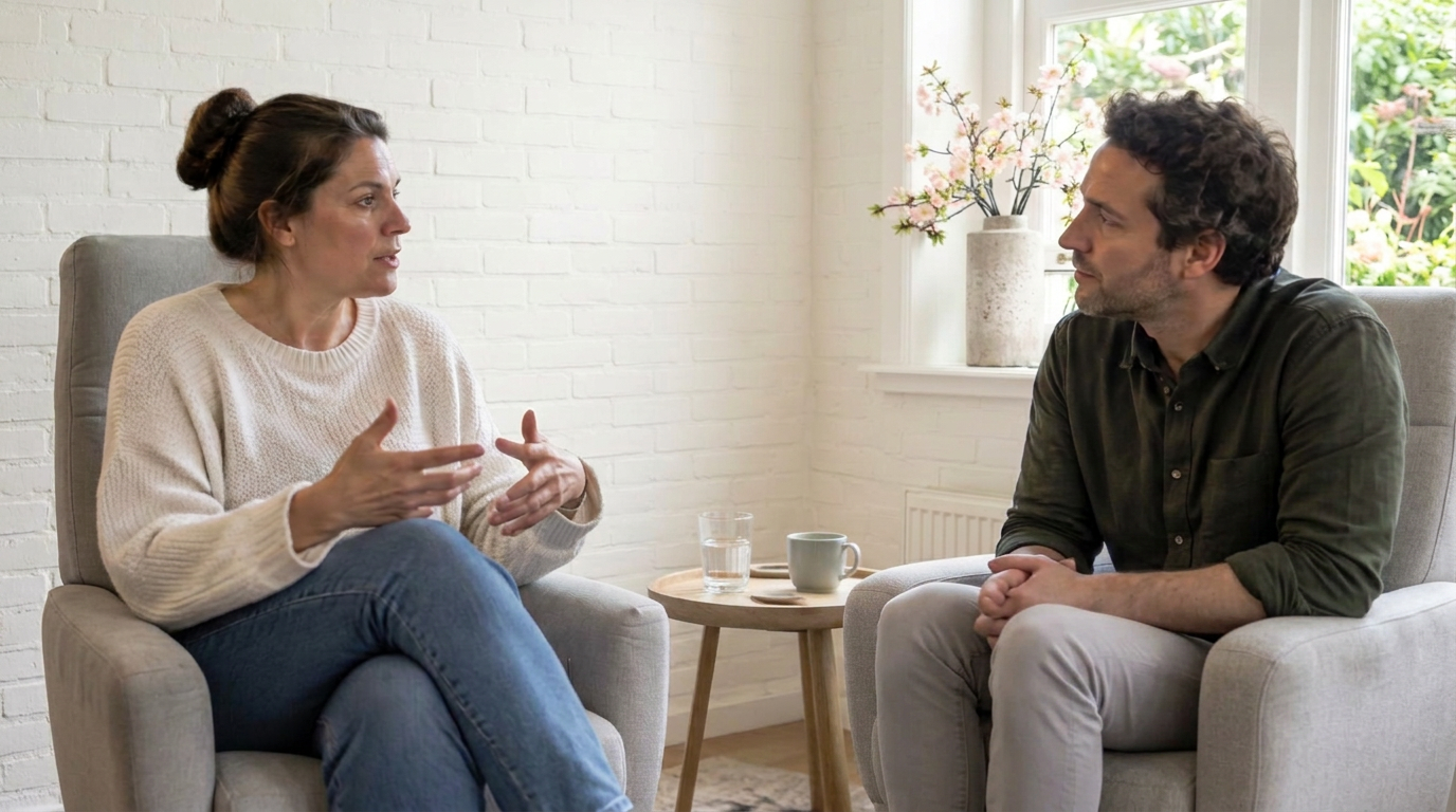 Een paar zit in een lichte ruimte in gesprek, naar elkaar toegekeerd